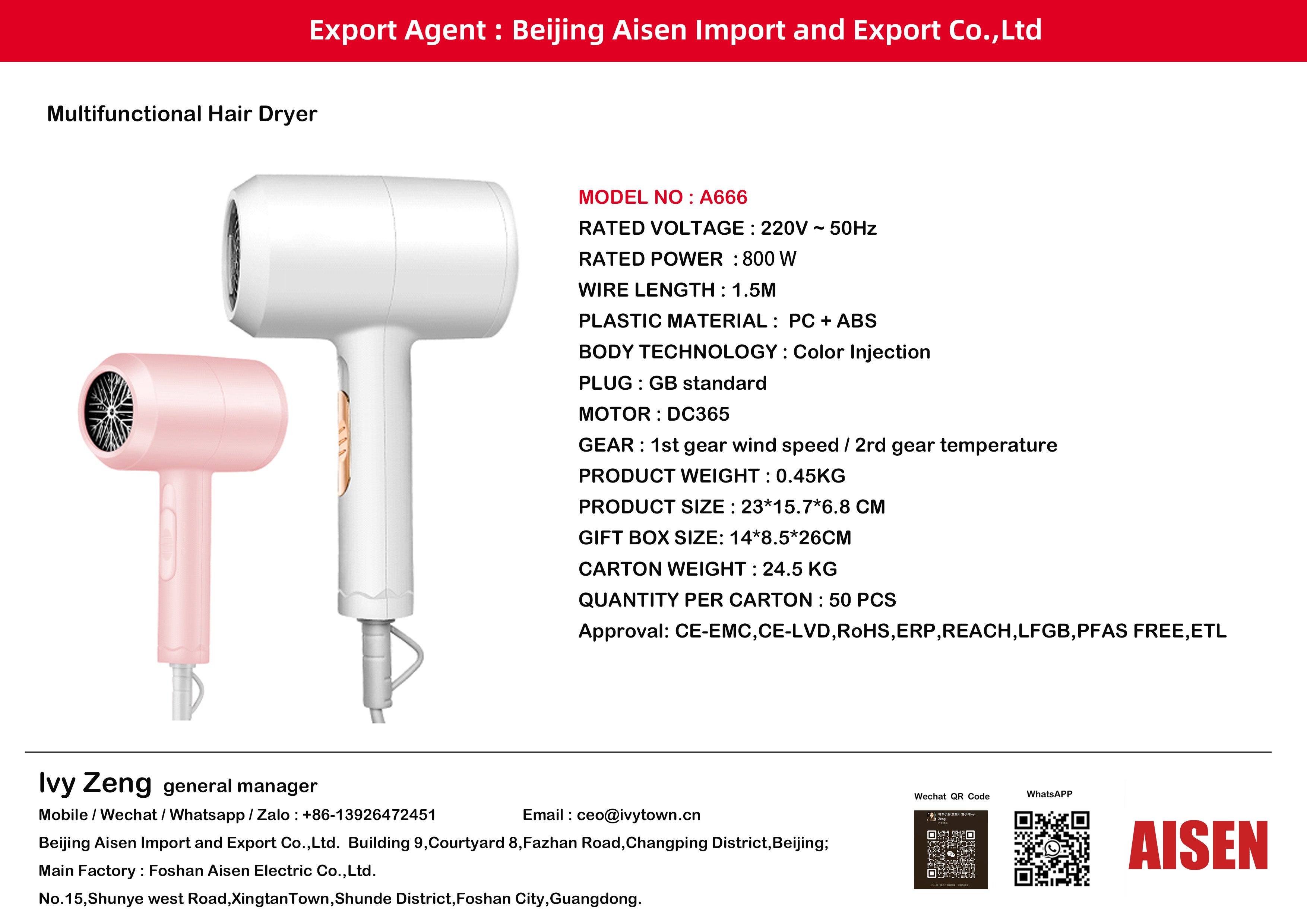 AISEN COMPANY hair dryer A666
