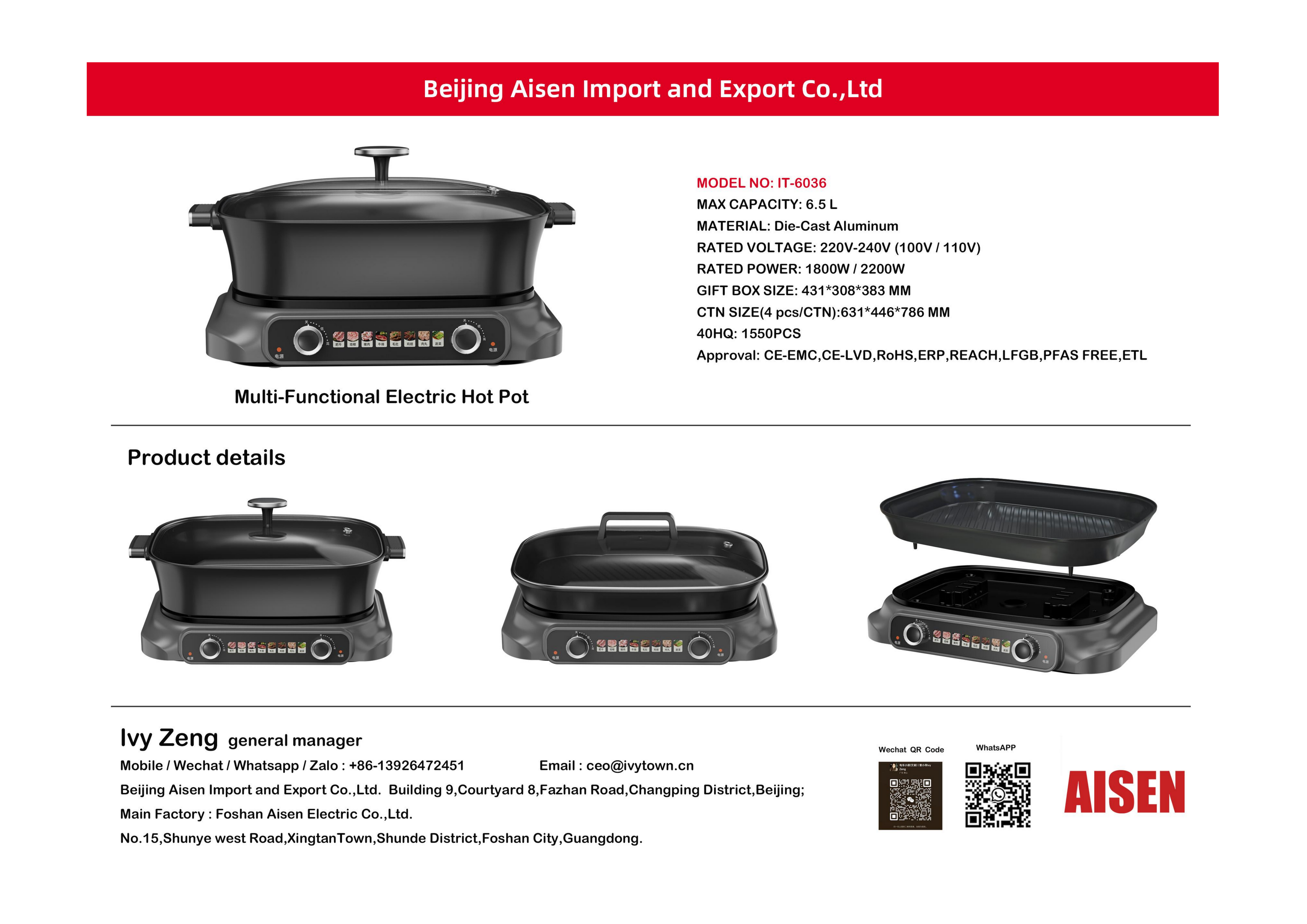 AISEN COMPANY electric hot pot IT-6036