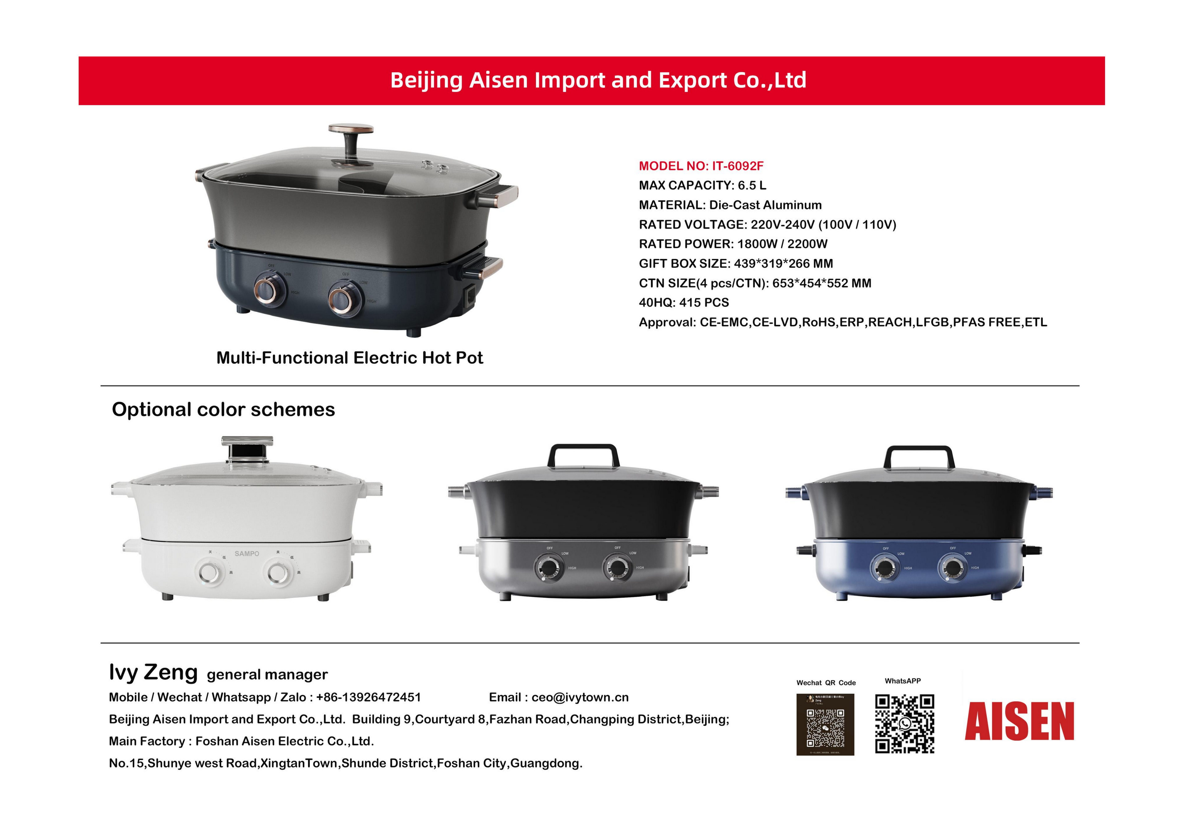 AISEN COMPANY electric hot pot IT-6092F