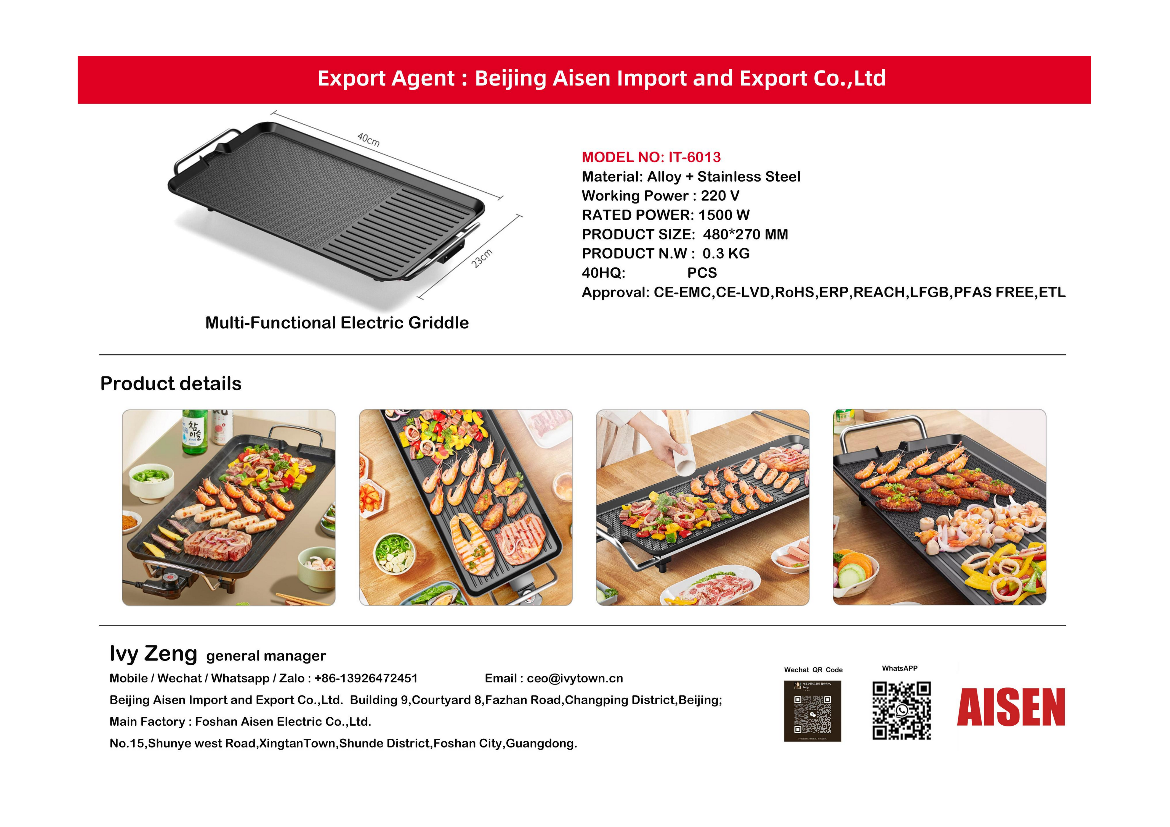 AISEN COMPANY Multi-Functional Electric Griddle IT-6013